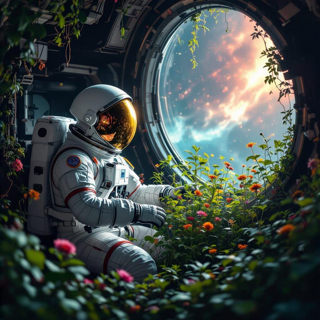 Astronaut Cultivating Bioluminescent Garden in Spaceship