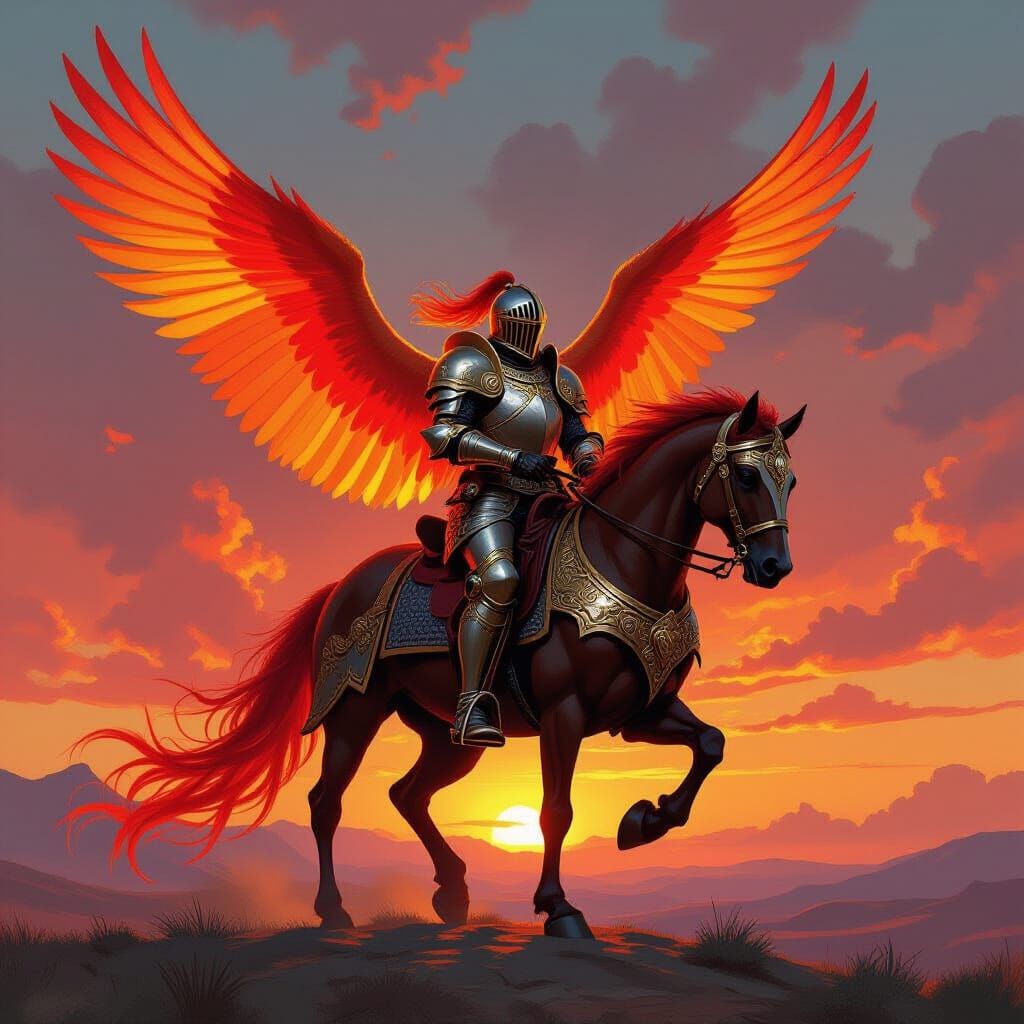 Knight Riding a Phoenix in Fantasy Art Style