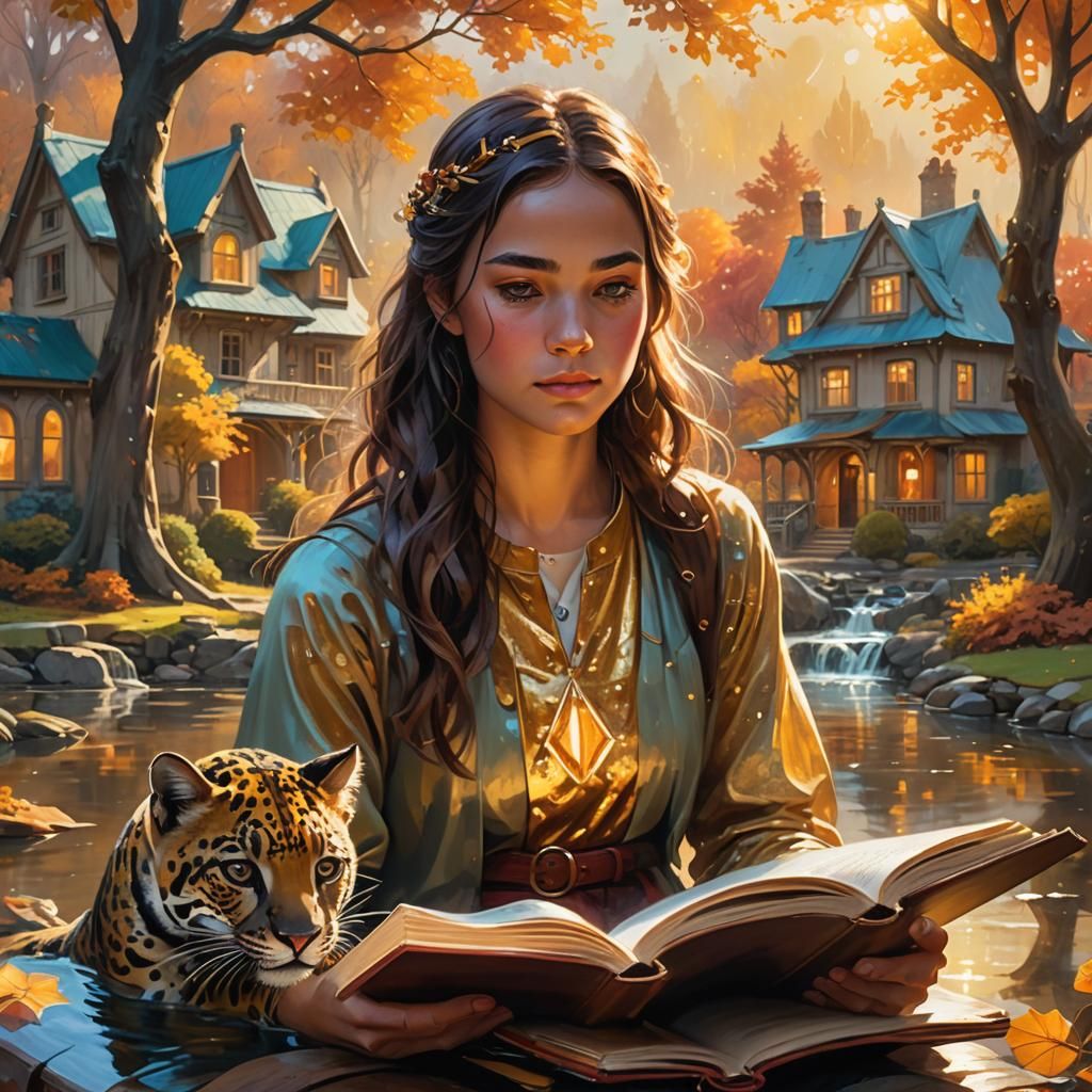 Girl Reads to Jaguar in Whimsical Fantasy Art