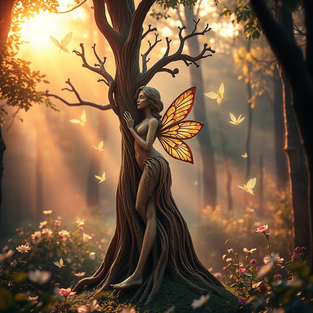 Wooden Tree Nymph in Whimsical Sunset Forest