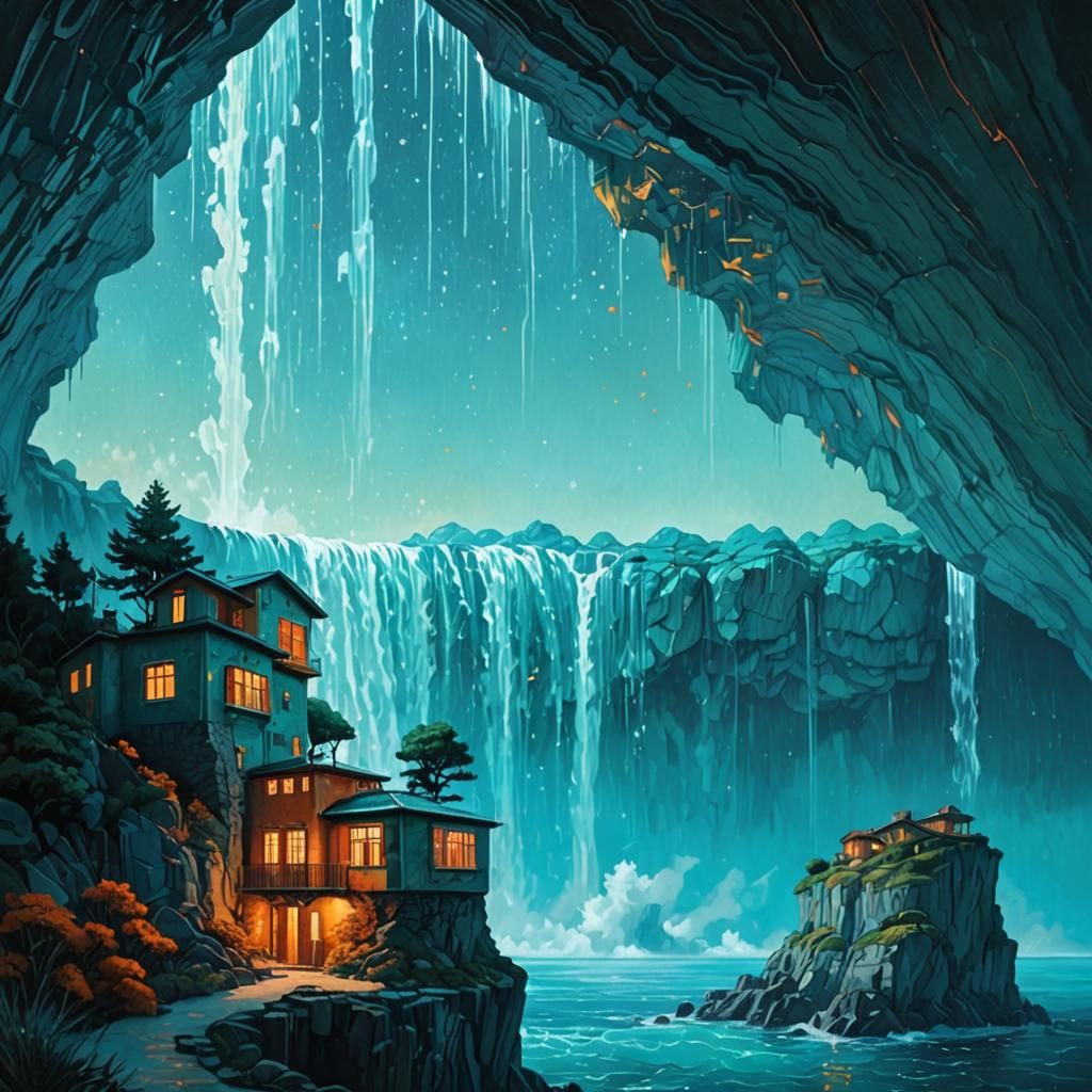 Cliffside House: Art Deco Painting in Van Gogh Style