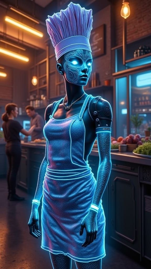 Cyberpunk Chef Avatar in Neon-Lit Futuristic Kitchen