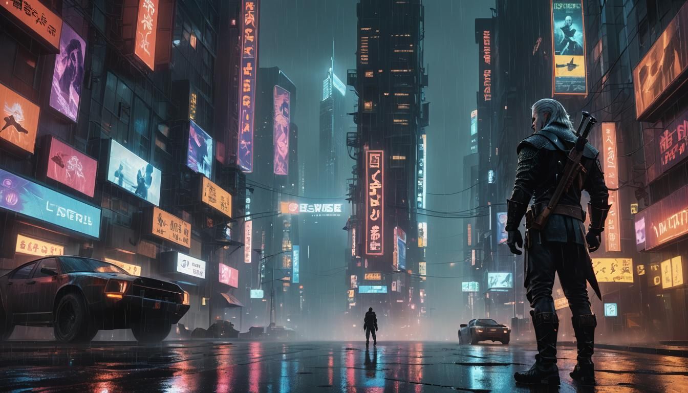 Geralt of Rivia in Cyberpunk Cityscape