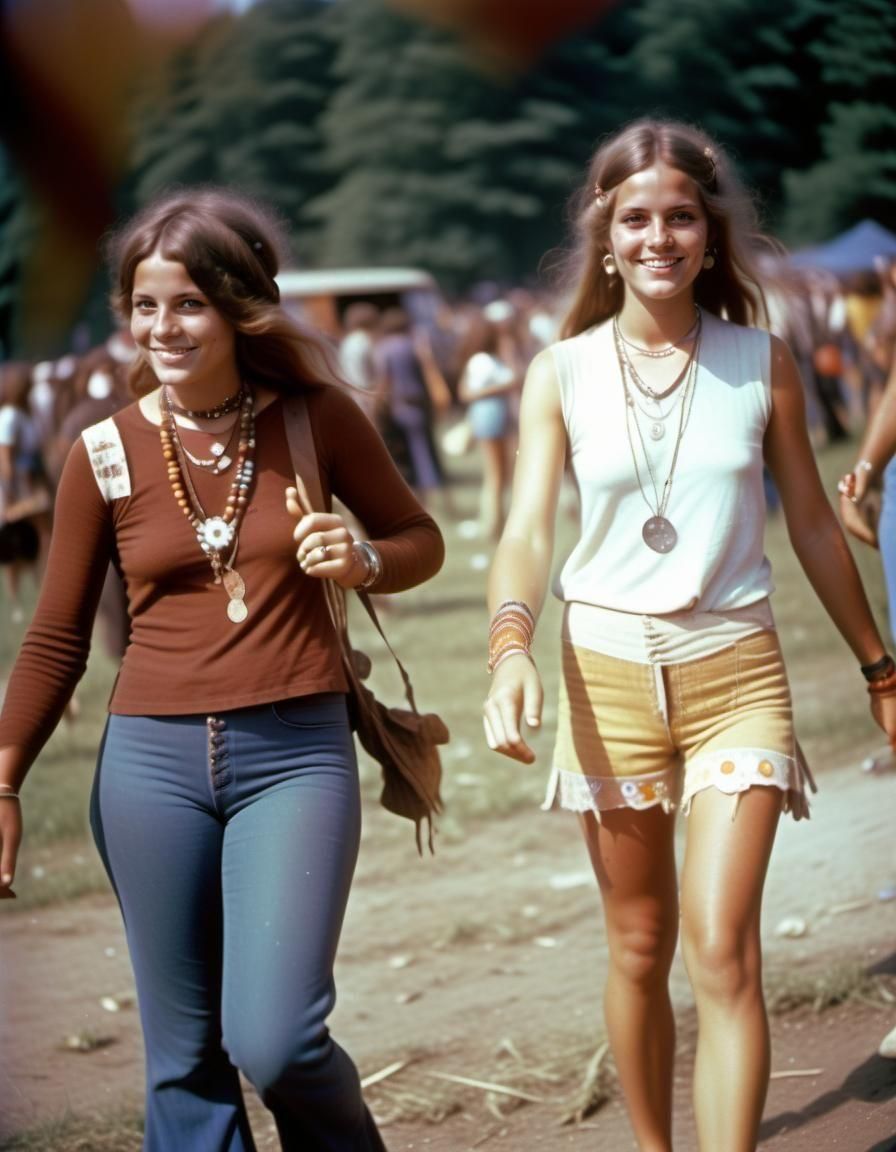 Hippies at Woodstock Festival in Aged Photograph
