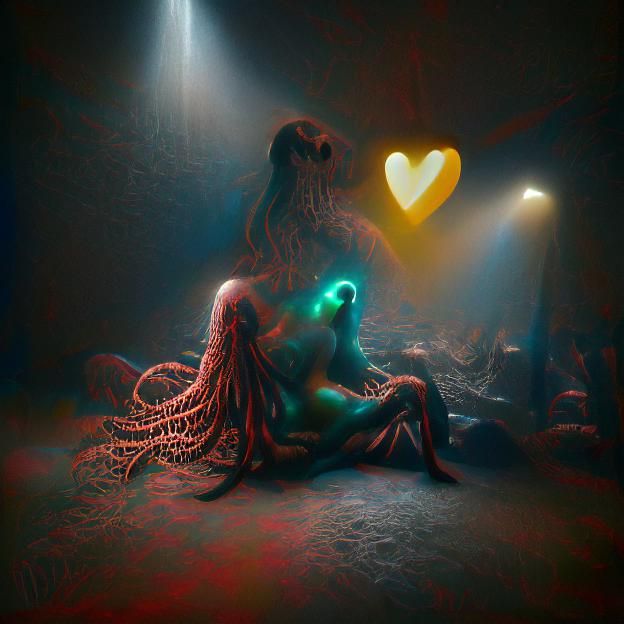 Lovecraft Cyberpunk Image with Volumetric Lighting