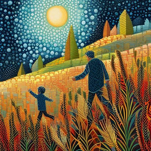 Father and Son's Fantasy Garden Walk: Mixed Media Art