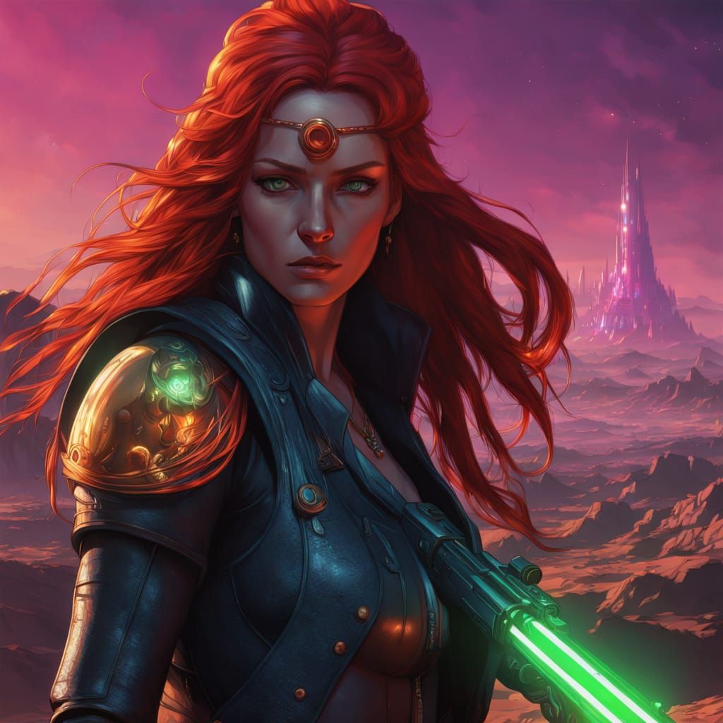 Ethereal Space Warrior in Vibrant, Neon-Lit Landscape