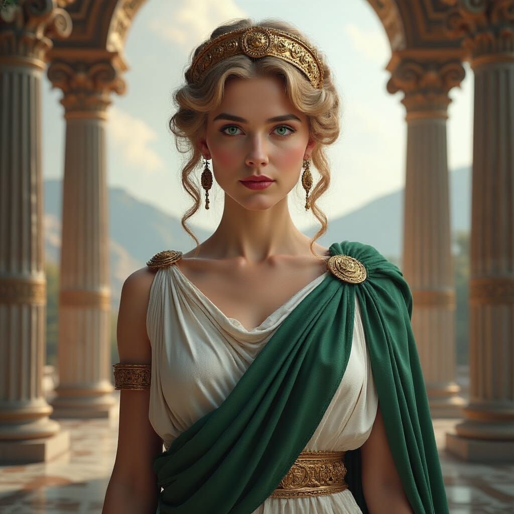 Regal Greek Woman in Ancient Temple, Digital Painting