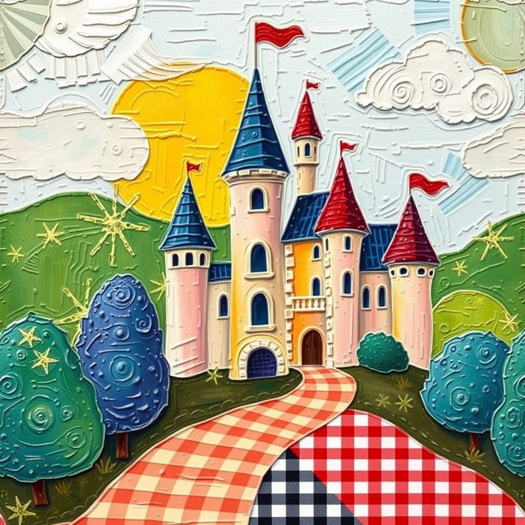 Cute Castle Quilt Design in Neo-Impressionist Style