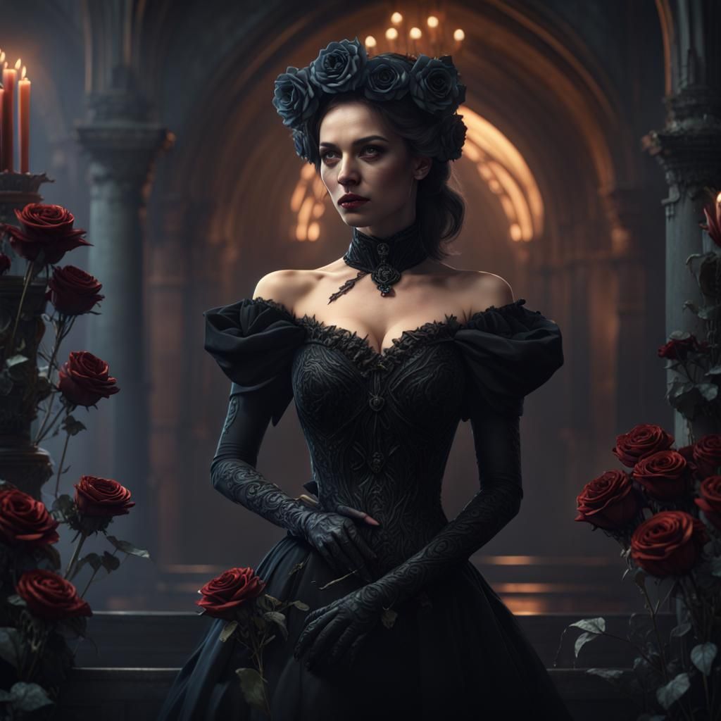 Gorgeous Widow with Black Roses: Fantasy Art