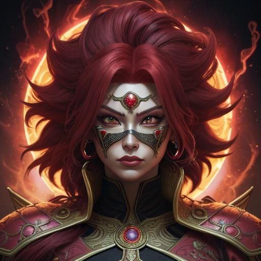 Crimson-Haired Heroine in Opulent Saiyan Armor