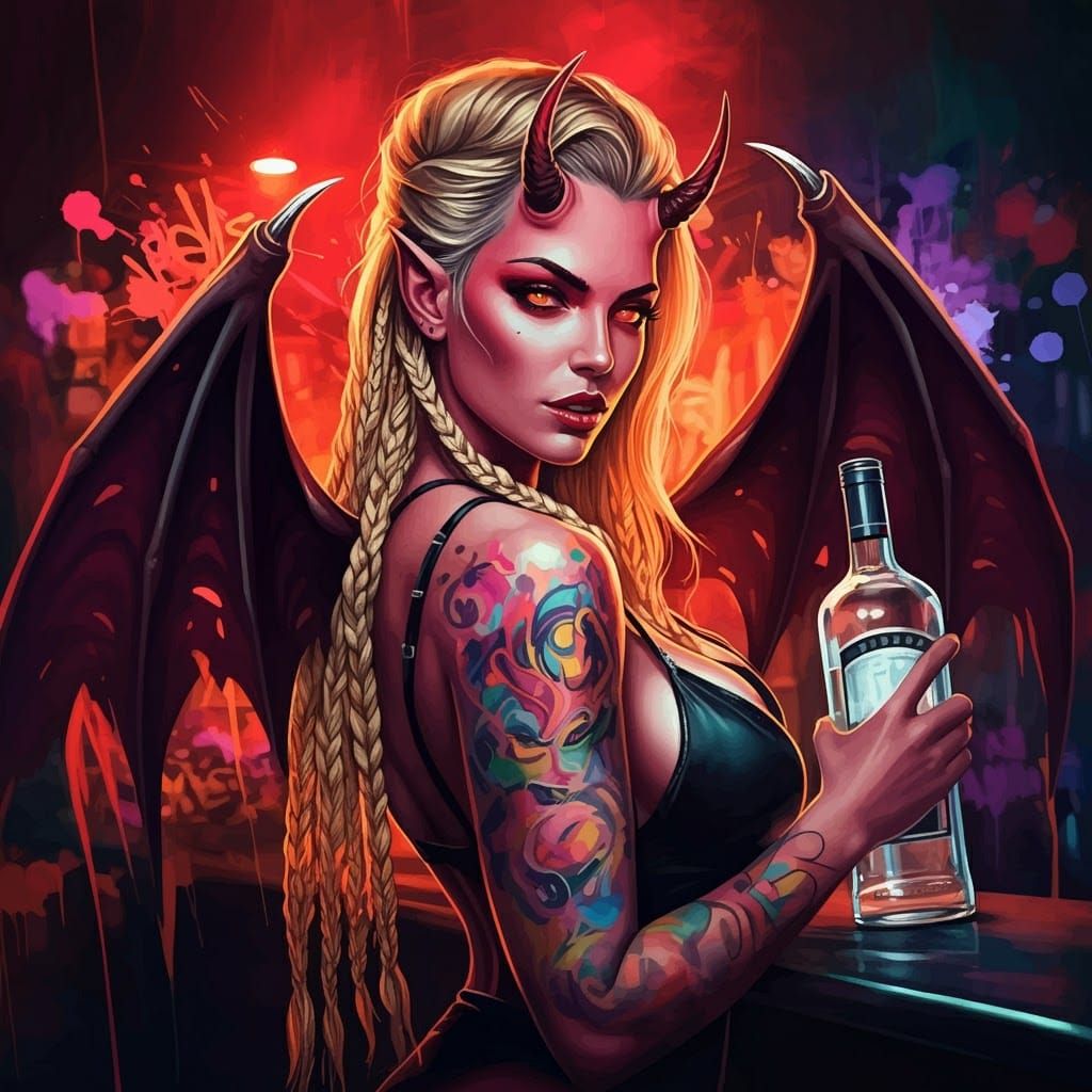 Temptress Demon with Blonde Braids and Vodka