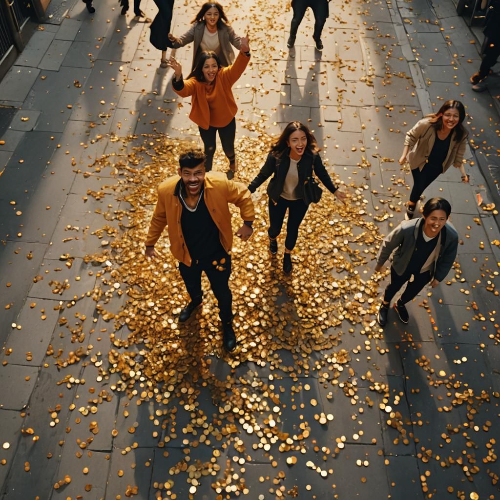 Golden Rain: People Rejoice in City Streets