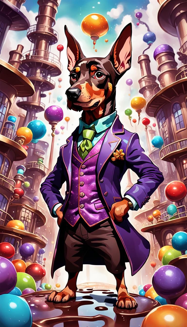 Doberman as Wonka in Psychedelic Watercolor Style