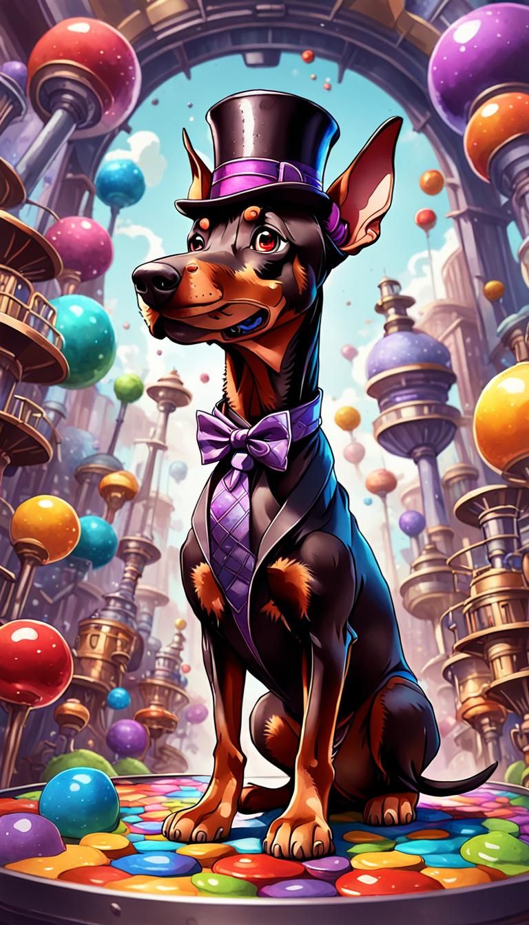 Doberman as Wonka in Psychedelic Watercolor Style