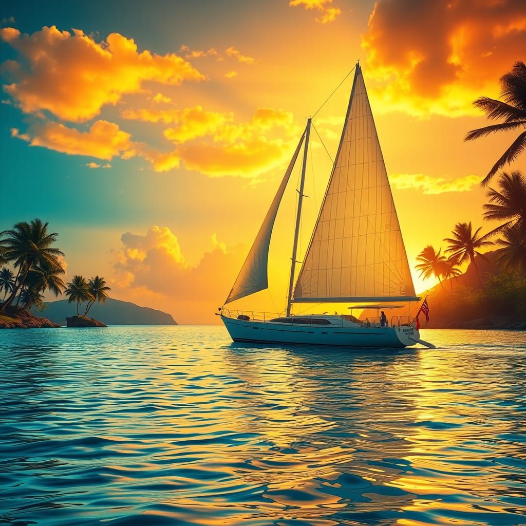 Serenely Entering Exotic Island Bay in Vibrant Sunset Light