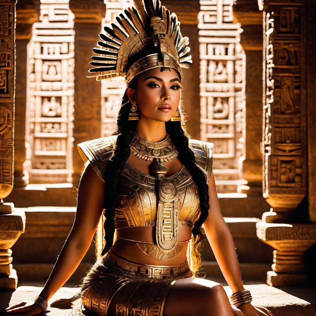 Majestic Aztec Empress on Stone Throne in Sunlight