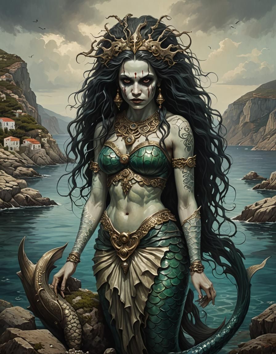 Creepy Androgynous Mermaid in Greek Folk-Art Style