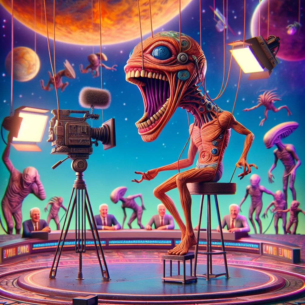 Surreal Alien News Anchor in Psychedelic Sci-Fi Studio
