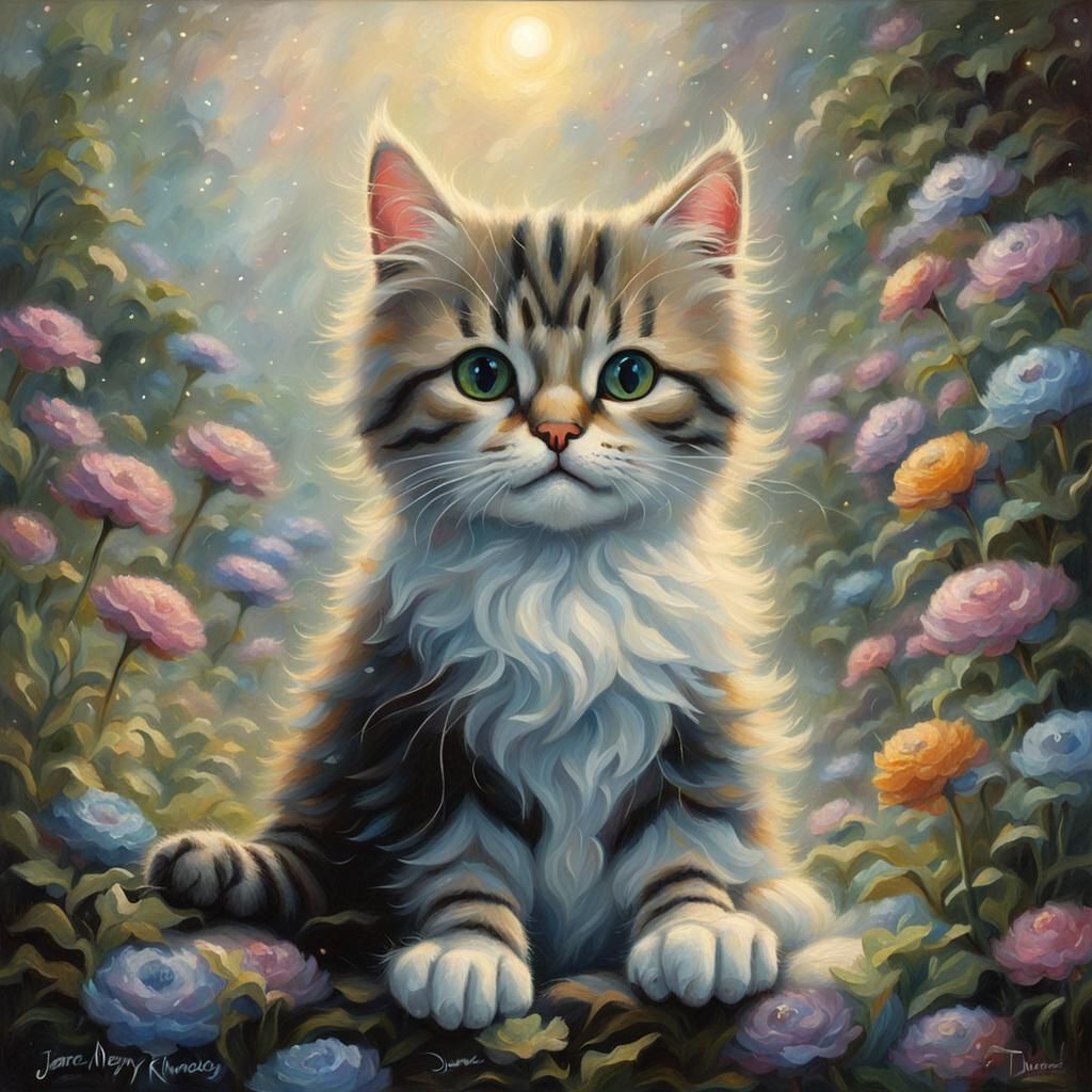 Ethereal Kitten in a Thomas Kinkade Oil Painting