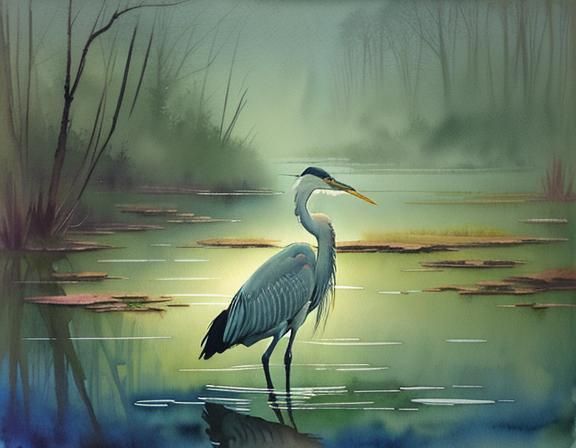 Heron in Water: Watercolor Chiaroscuro Painting