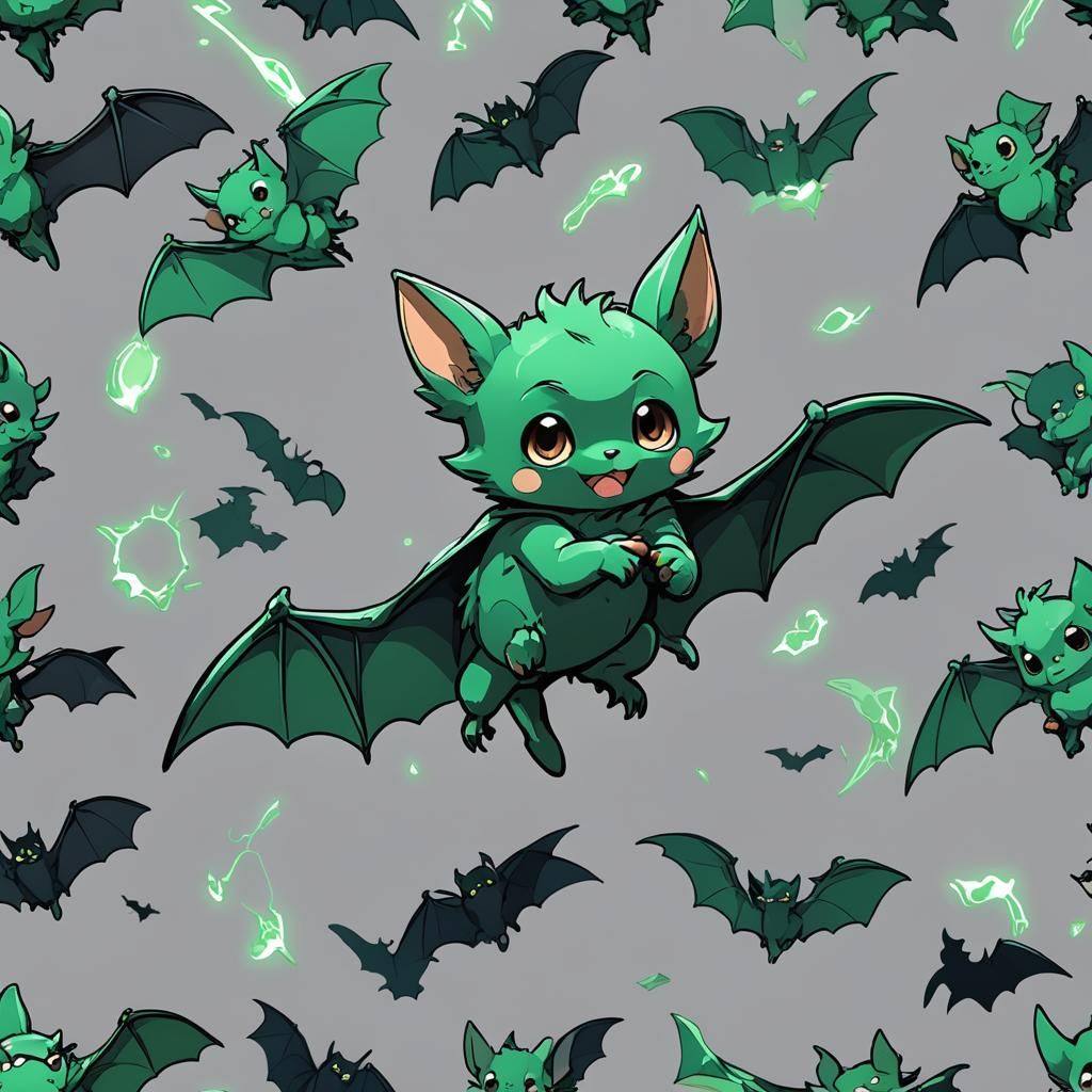 Cute Emerald Green Bat in Anime Style