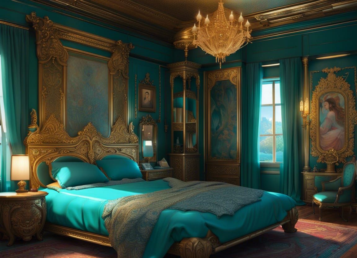 Luxurious Bedroom with Gold Detailing, Photorealistic Render...