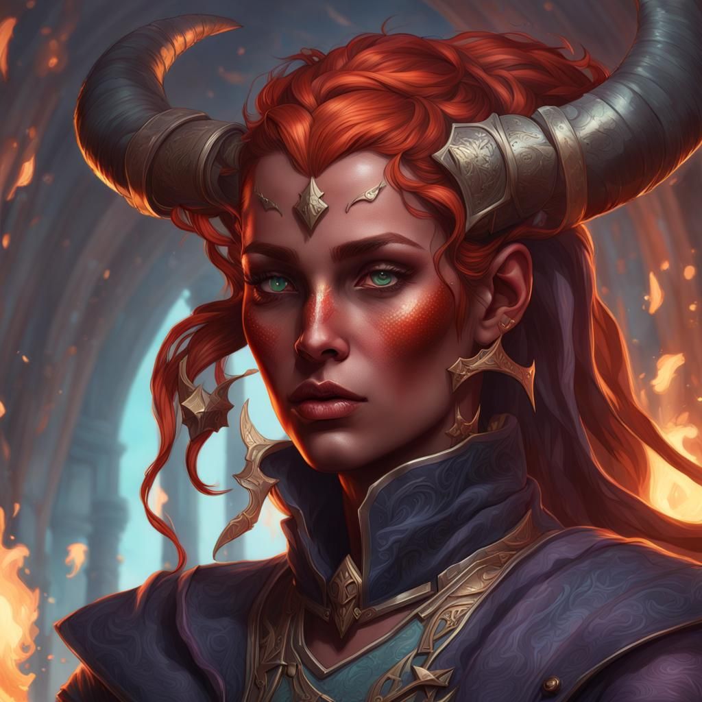 Charming Tiefling Warlock Portrait in Hyperdetailed Style
