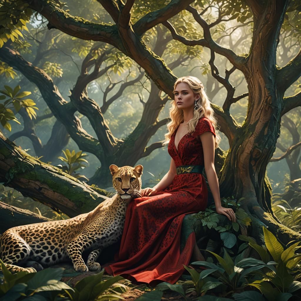 Girl with Leopard in Forest, Fantasy Concept Art
