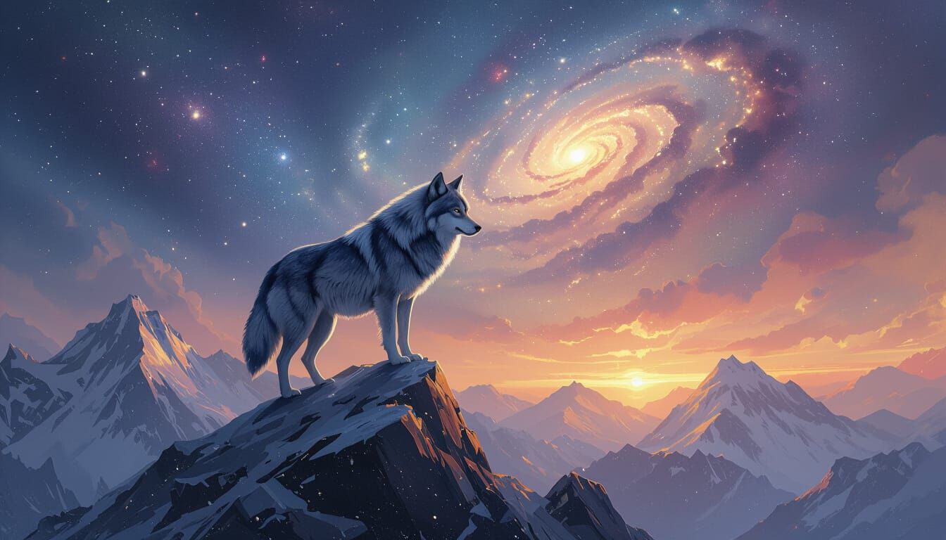 Majestic Nebula Wolf on Crystal Peak Under Galactic Sky
