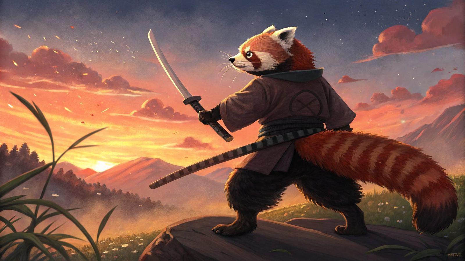 Majestic Red Panda Samurai in Rurouni Kenshin Style