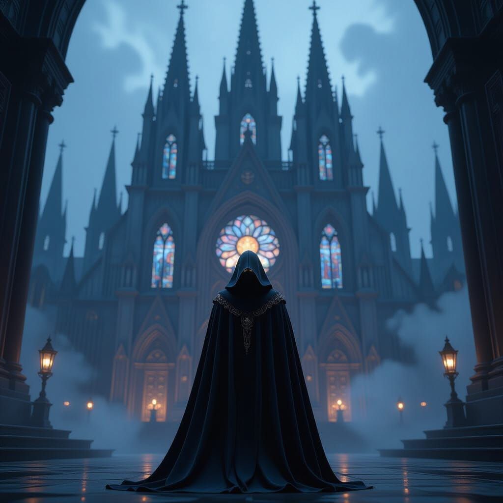 Gothic Cathedral with Cloaked Figure: Matte Painting