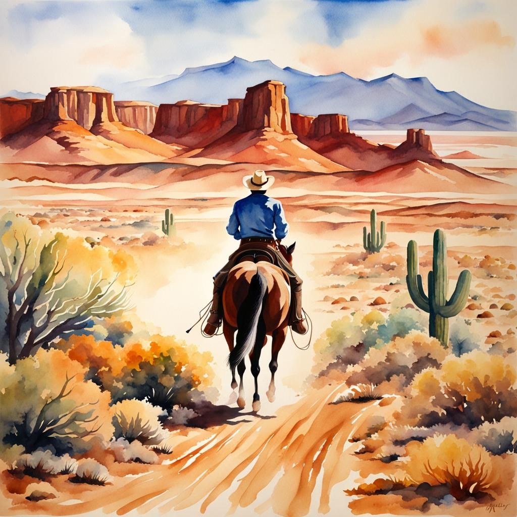 Cowboy Rides into Desert: Watercolor Impressionism
