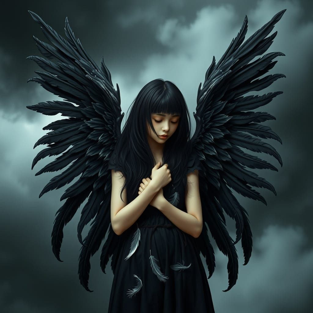 Majestic Fallen Angel in Dark, Tattered Wings