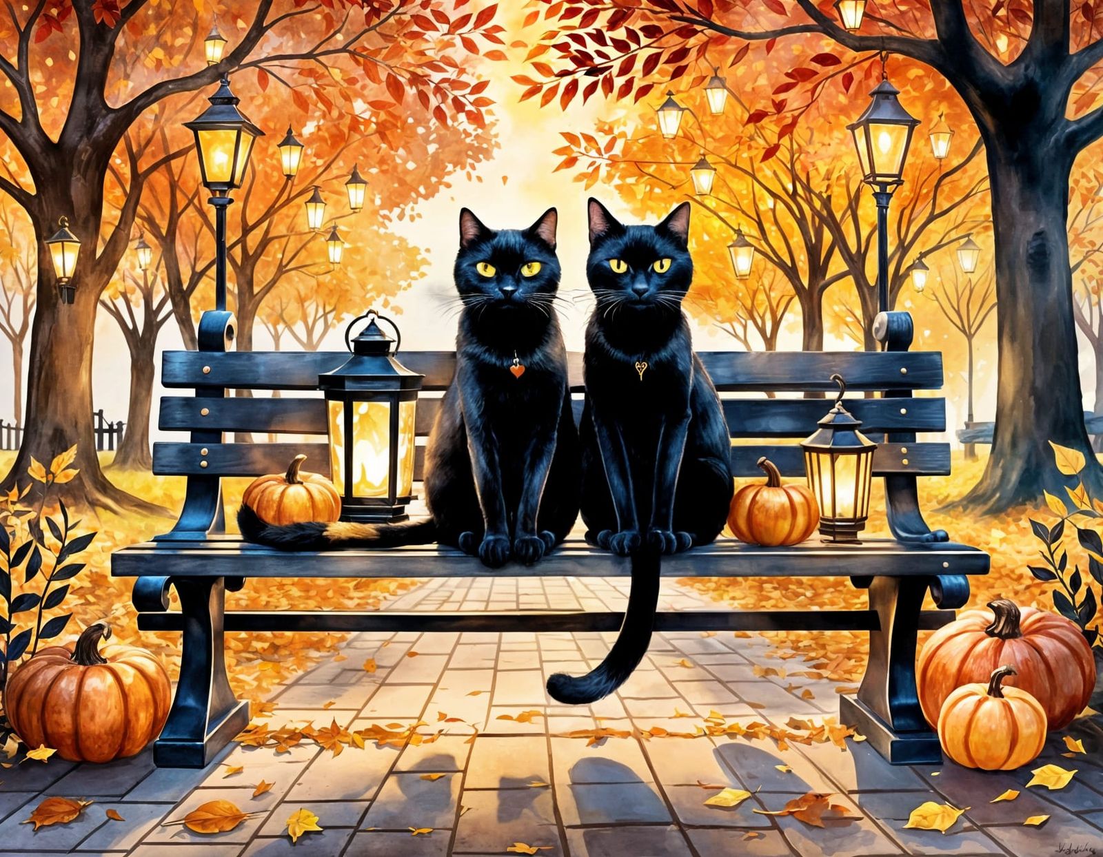 Romantic Black Cats in Autumn Night Scene