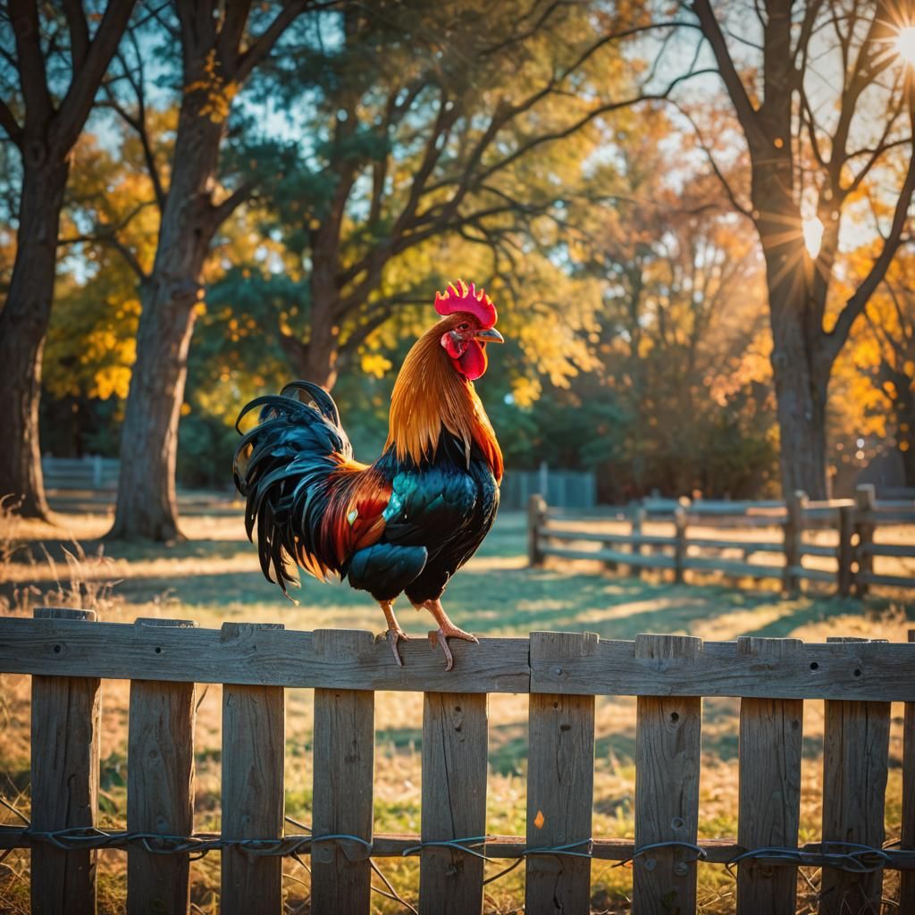 Rooster on Fence with Warm Colors and Lens Flare