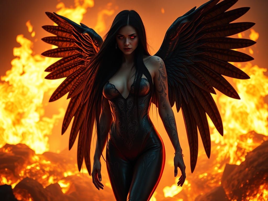 Dark Angel in Latex, with Intricate Tattoos and Red Glowing...