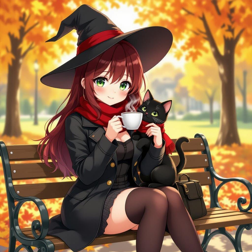 Anime Woman in Autumn Park with Kitten