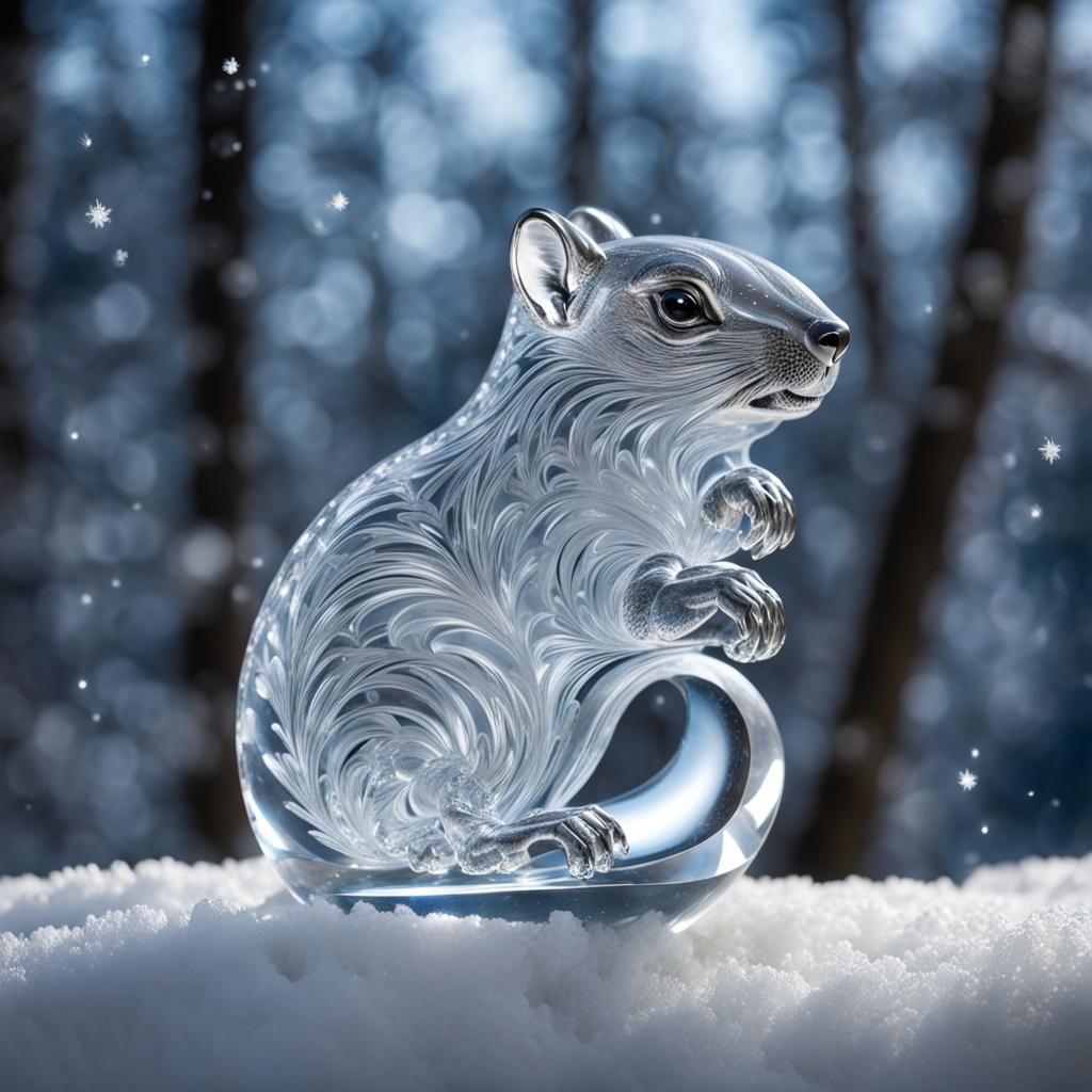 Translucent Ice Squirrel Sculpture in Winter Forest
