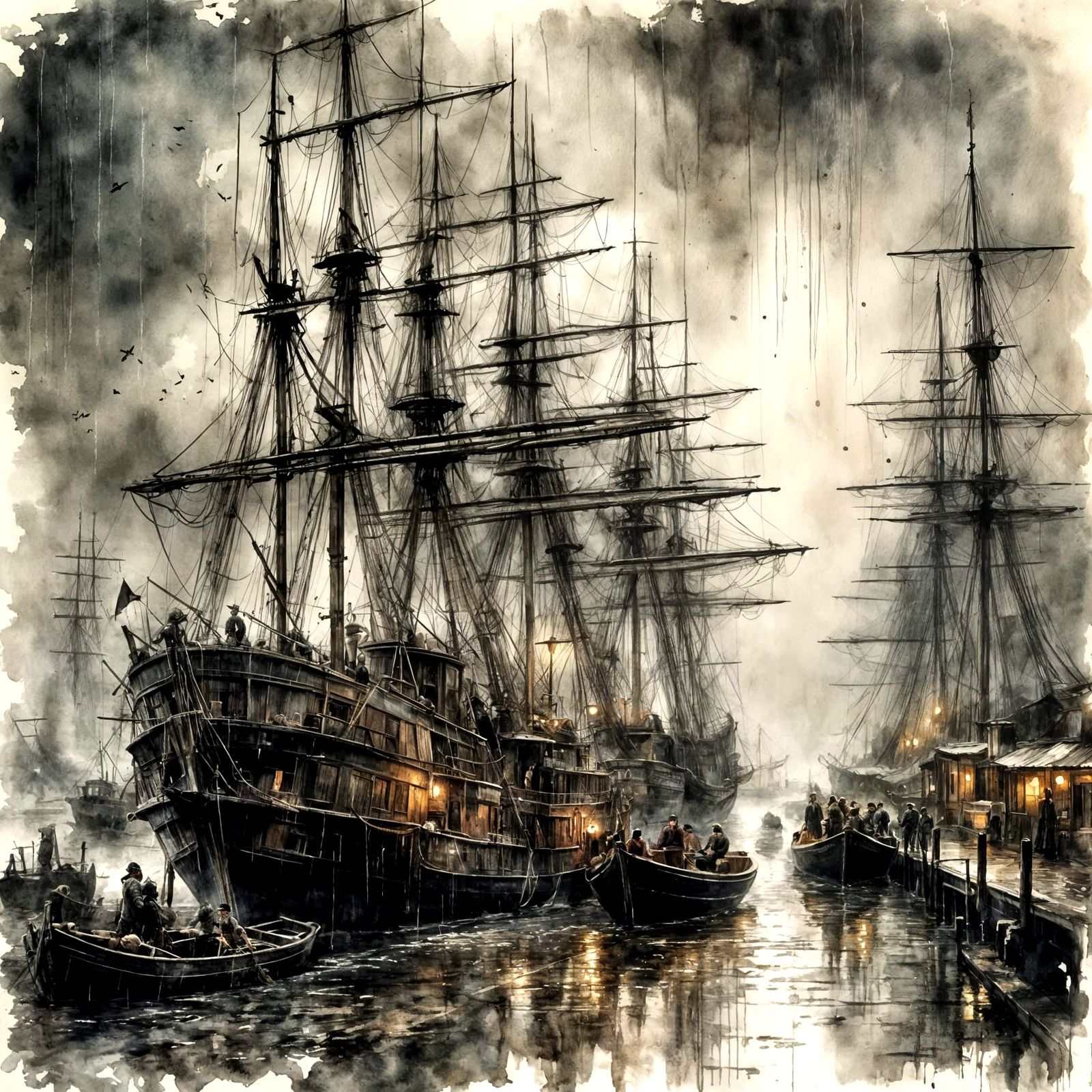 Grunge Watercolor Painting of 19th Century Fishing Boats Ret...