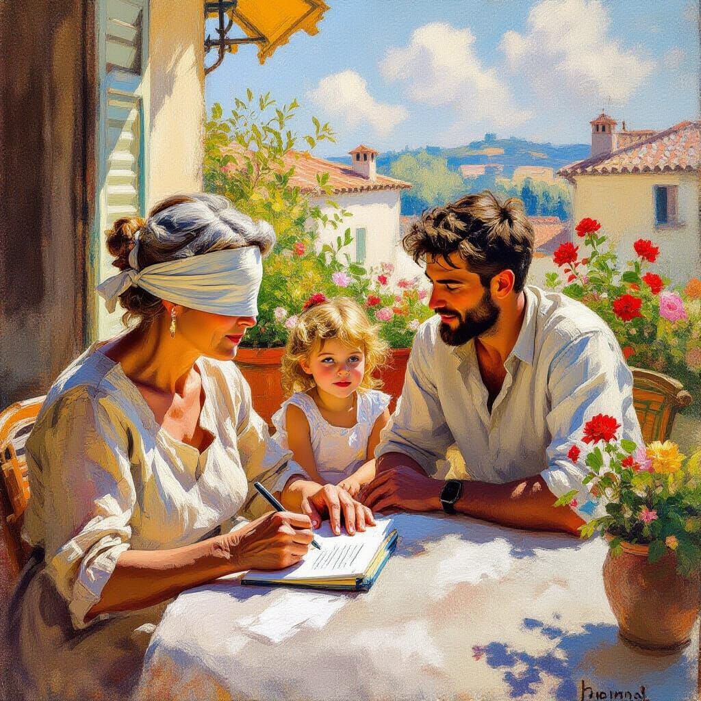 Old Woman Writes on Sunlit Terrace in Impressionist Style