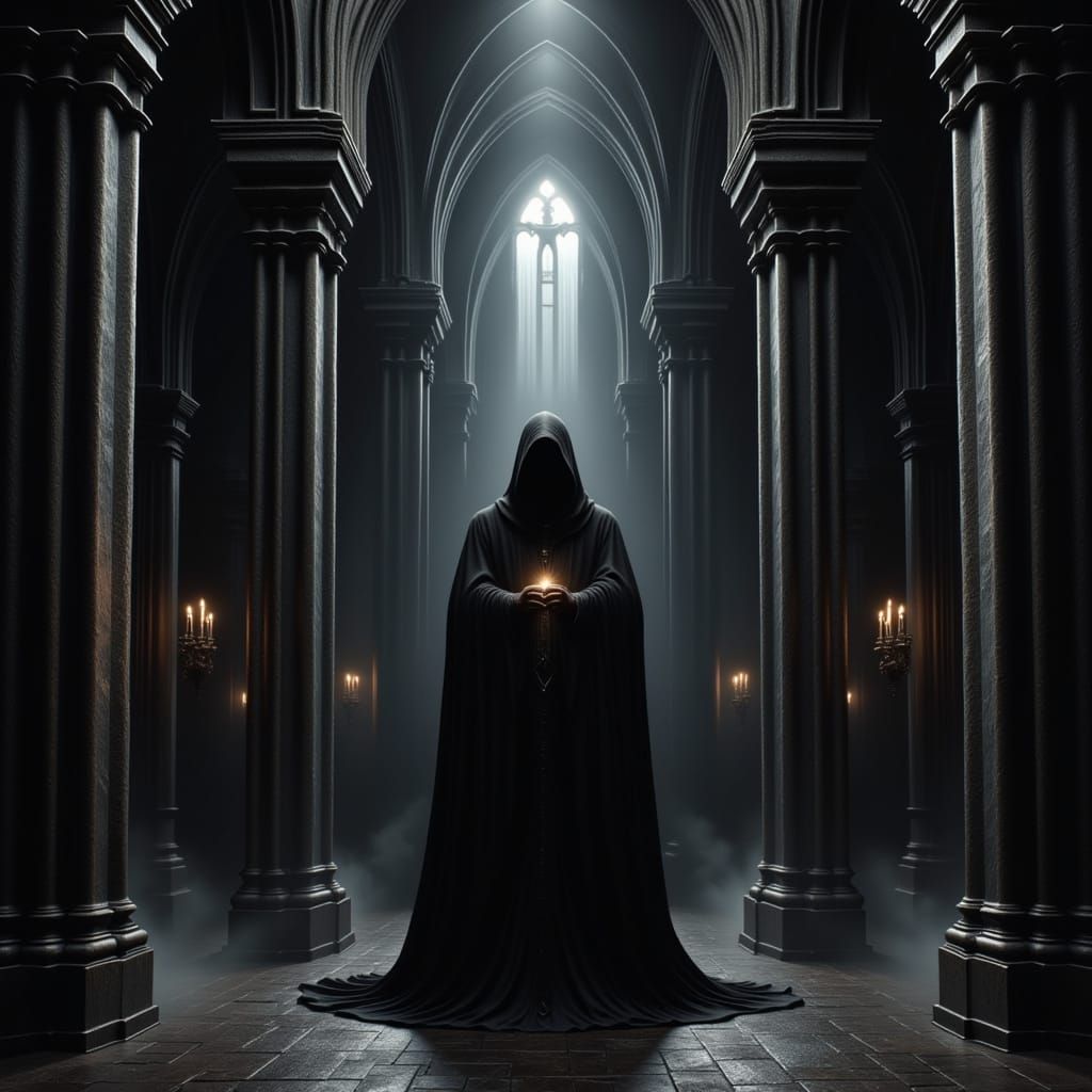 Medieval Gothic Cathedral in Dark, Mysterious Atmosphere
