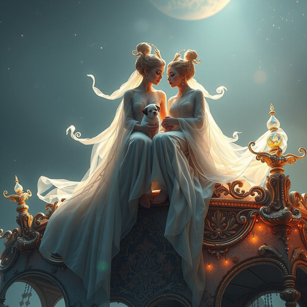 Ethereal Figures on Ornate Wheelchair in Dreamlike Setting