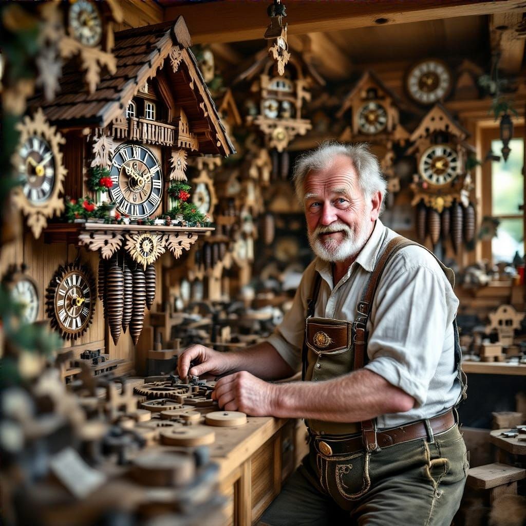 Traditional German Clockmaker at Work in His Cozy Wooden Sho...