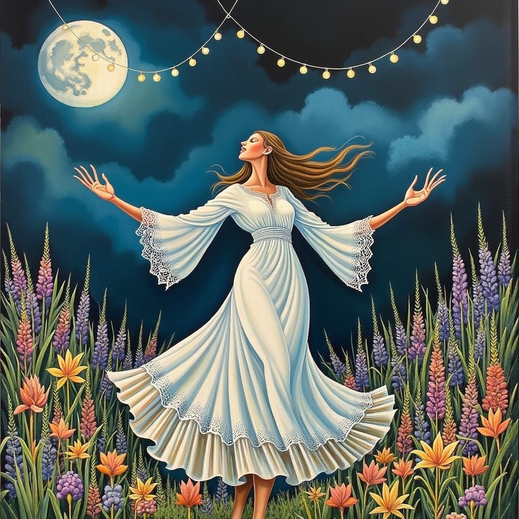 Bohemian Woman Gesturing in Moonlit Garden