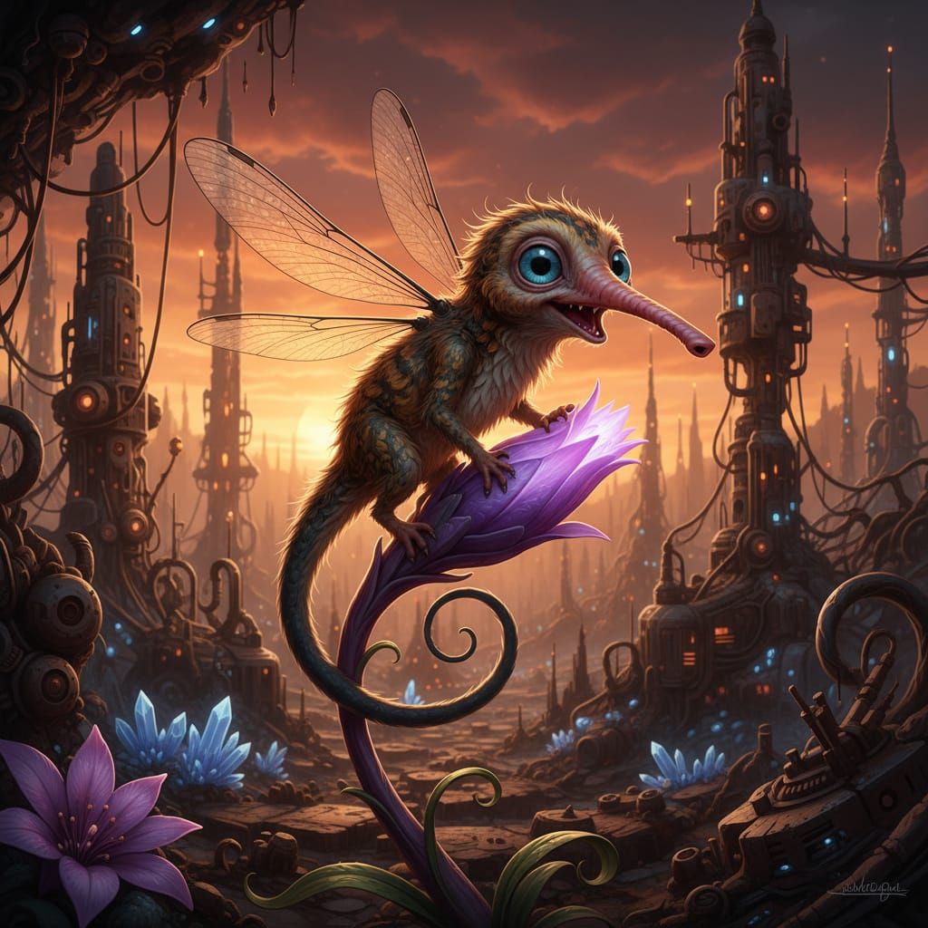 Happy Alien Creature with Pink Nose and Dragonfly Wings