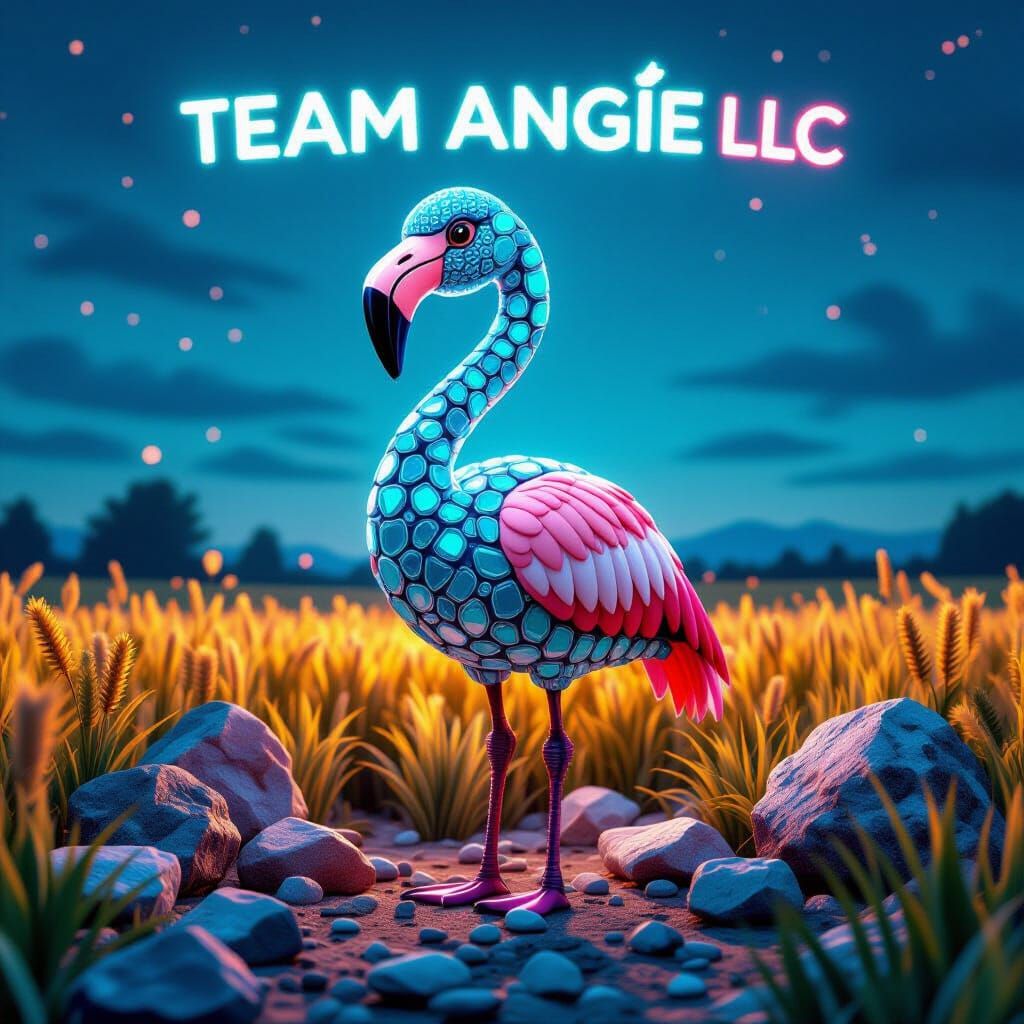 Flamingo Mascot in Neon Farmland, 3D Cinematic Style