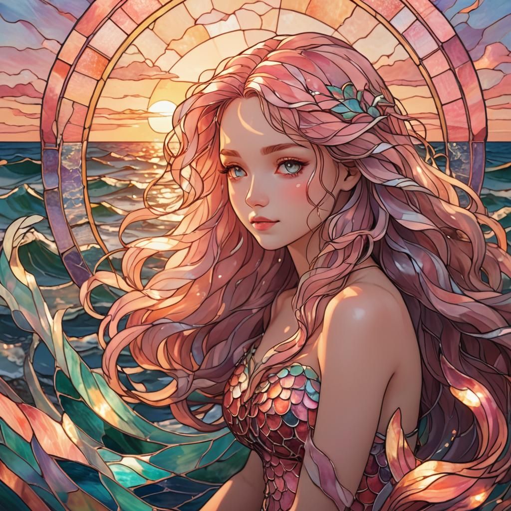 Lofi Anime Stained Glass Mermaid Portrait
