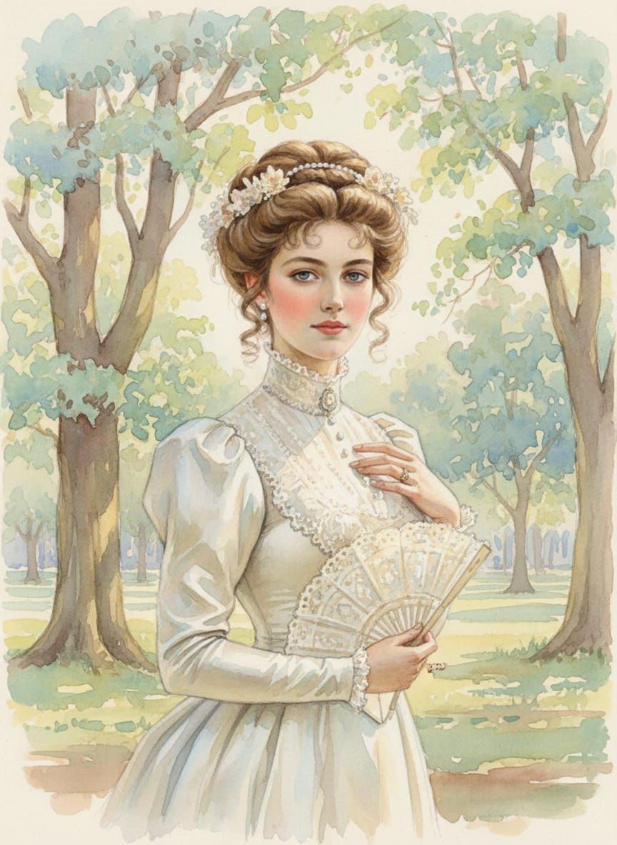 Victorian Woman in Park, Expressive Watercolor Portrait