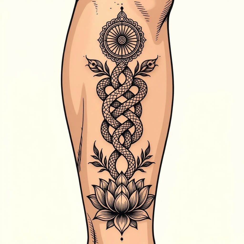 Spiritual Tattoo Design: Lotus, Serpent, Dharma Wheel